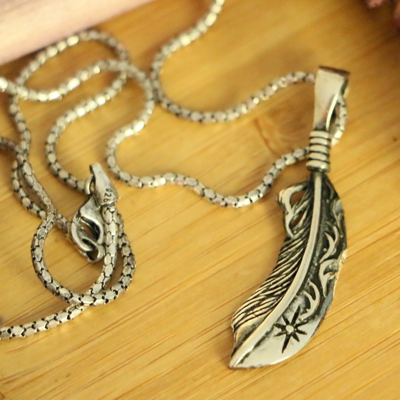 925 Sterling Silver feather men’s necklace - Picture 5 of 7